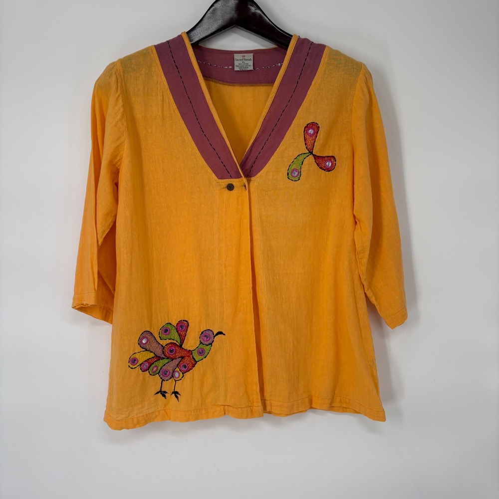 Sacred Threads Orange Cotton Embroidered Mirror Work Boho Jacket XL India READ